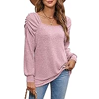 BZB Tunic Tops for Women Loose Fit Square Neck Puff Long Sleeve Shirts Casual Fall Shirts S-2XL