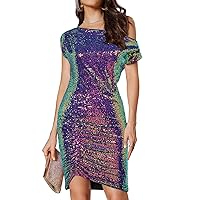 GRACE KARIN Women's Sequin Dress One Shoulder Sparkly Glitter Ruched Bodycon Party Night Out Club Dresses