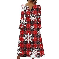 Christmas Plaid Dress for Women Henley Pleated Front Button V Neck A-Line Dress with Pockets Xmas Snowflake Dresses