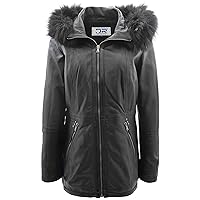 DR260 Women’s Black Leather Duffle Parka Jacket with Removable Hood