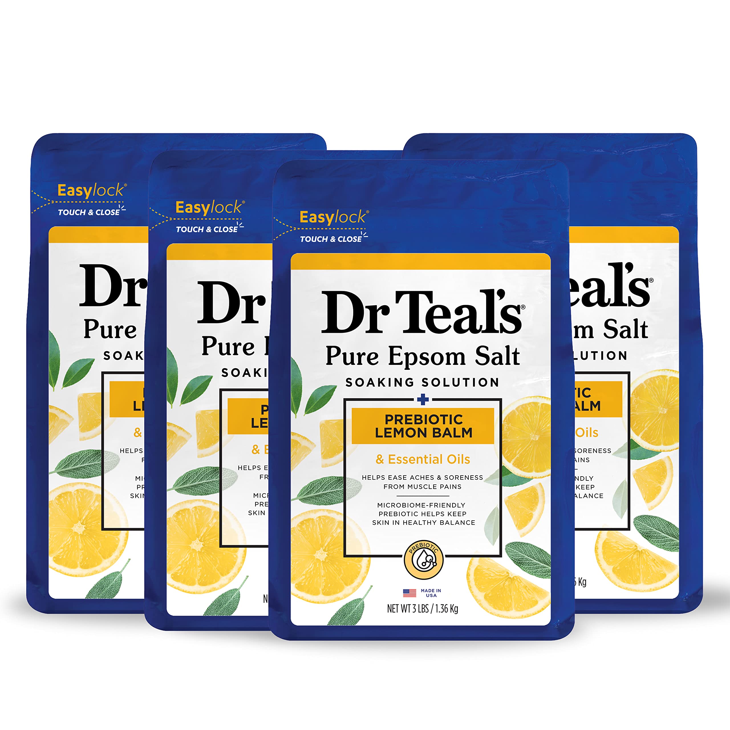 Dr Teal's Pure Epsom Salt, Prebiotic Lemon Balm & Essential Oil, 3 lbs (Pack of 4) (Packaging May Vary)