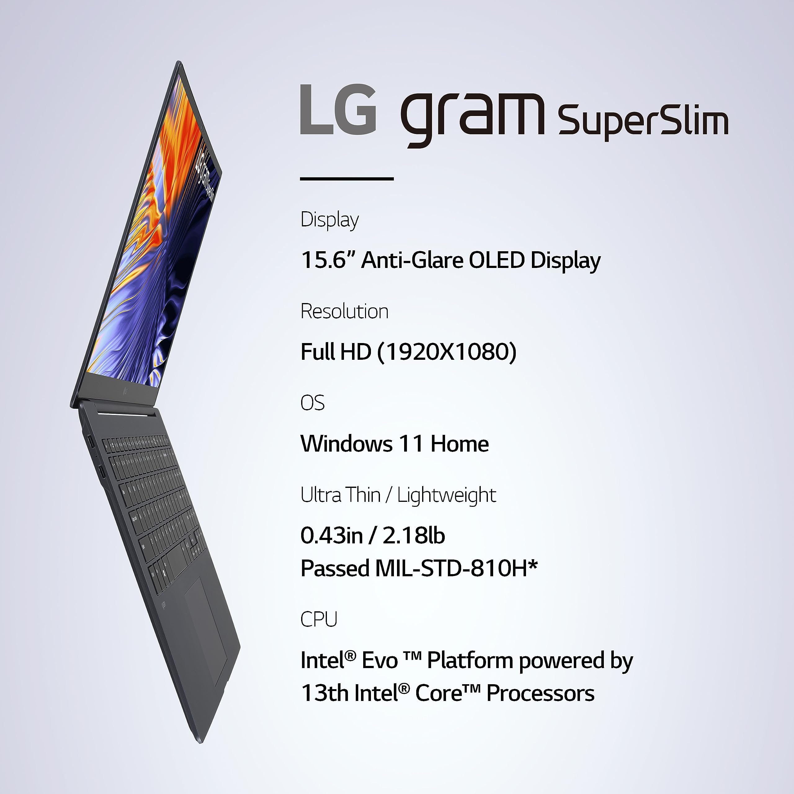 LG gram SuperSlim15.6” OLED Laptop, Intel 13th Gen Core i7 Evo Platform, Windows 11 Home, 32GB RAM, 2TB SSD, Neptune Blue