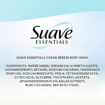 Suave Essentials Body Wash For Hydrated, Smooth Skin Ocean Breeze with Sea Algae Extract and Vitamin E 15 oz, Pack of 6