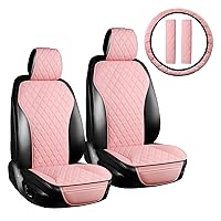 2PCs Front Car Seat Covers, Leather Seat Covers with Steering Wheel Cover and Two Seat Belt Pads, Waterproof Seat Covers for Cars Universal Fit 95% Vehicles (Pink)
