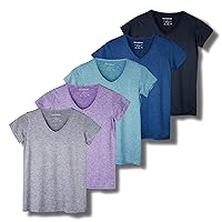 5 Pack: Womens V Neck T-Shirt Ladies Yoga Top Athletic Tees Active Wear Gym Workout Zumba Exercise Running Essentials Quick Dry Fit Dri Fit Moisture Wicking Basic Clothes - Set 1,L