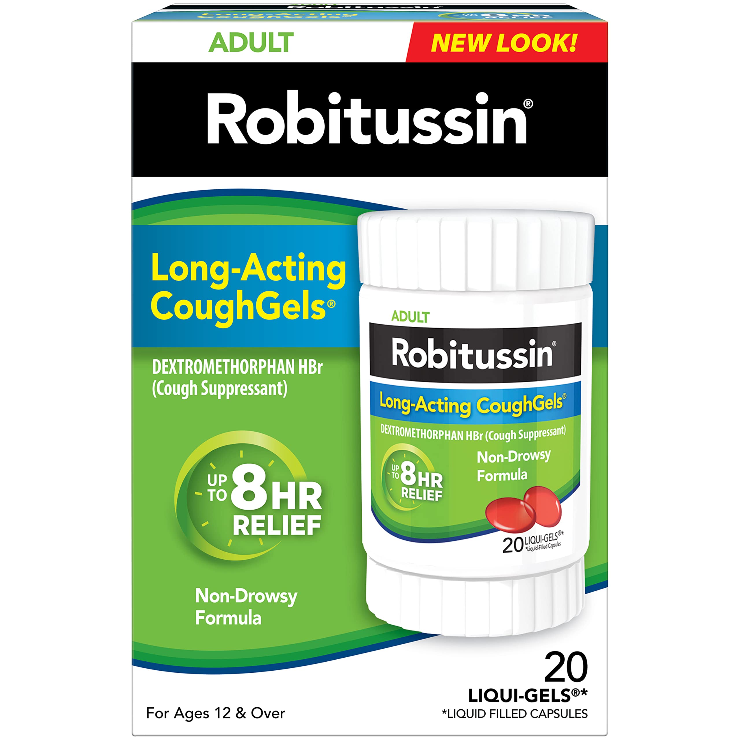Robitussin Long-Acting CoughGels, Cough Medicine for Adults and Children 12 Years and Older - 20 Liqui-Gels