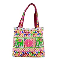 NOVICA Artisan Hand Embroidered Tote Handbag Colorful Elephant from India Multicolor Floral Animal Themed 'Elephant Fantasies in Eggshell'