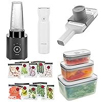 ZWILLING Meal Prep Kitchen Essentials Premium Set - Z-Cut Multifunctional Grater/Mandoline with Fresh & Save 10-pc Vacuum Sealer, 3-pc Plastic Container, Vacuum Pump and Enfinigy Personal Blender