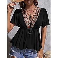 Women's Shirts Sexy for Women Floral Embroidery Tie Front Button Front Peplum Top Shirts for Women (Color : Black, Size : X-Small)