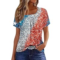 Women's Tops American Flag 4Th of July 2024 Cute Star Stripes Patriotic Button Square Neck Short Sleeve Shirts Outfit