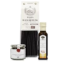 Frantoi Cutrera Gourmet Italian Food Trio - Organic Black Squid Ink Pasta Linguine, Large Capers in Sea Salt, & Garlic Olive Oil for Cooking Fine Italian Food - Imported from Italy