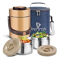 51 oz Adults Stainless Steel Vacuum Insulated Wide Mouth Soup Food Thermos Hot Food Jar with Keep Thermal Portable 2 Tier Stackable Bento Hot Food Containers Lunch Boxes (51 oz Gold)