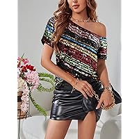 Women's Tops Sexy Tops for Women Shirts Asymmetrical Neck Sequin Blouse Shirts for Women (Color : Multicolor, Size : X-Small)