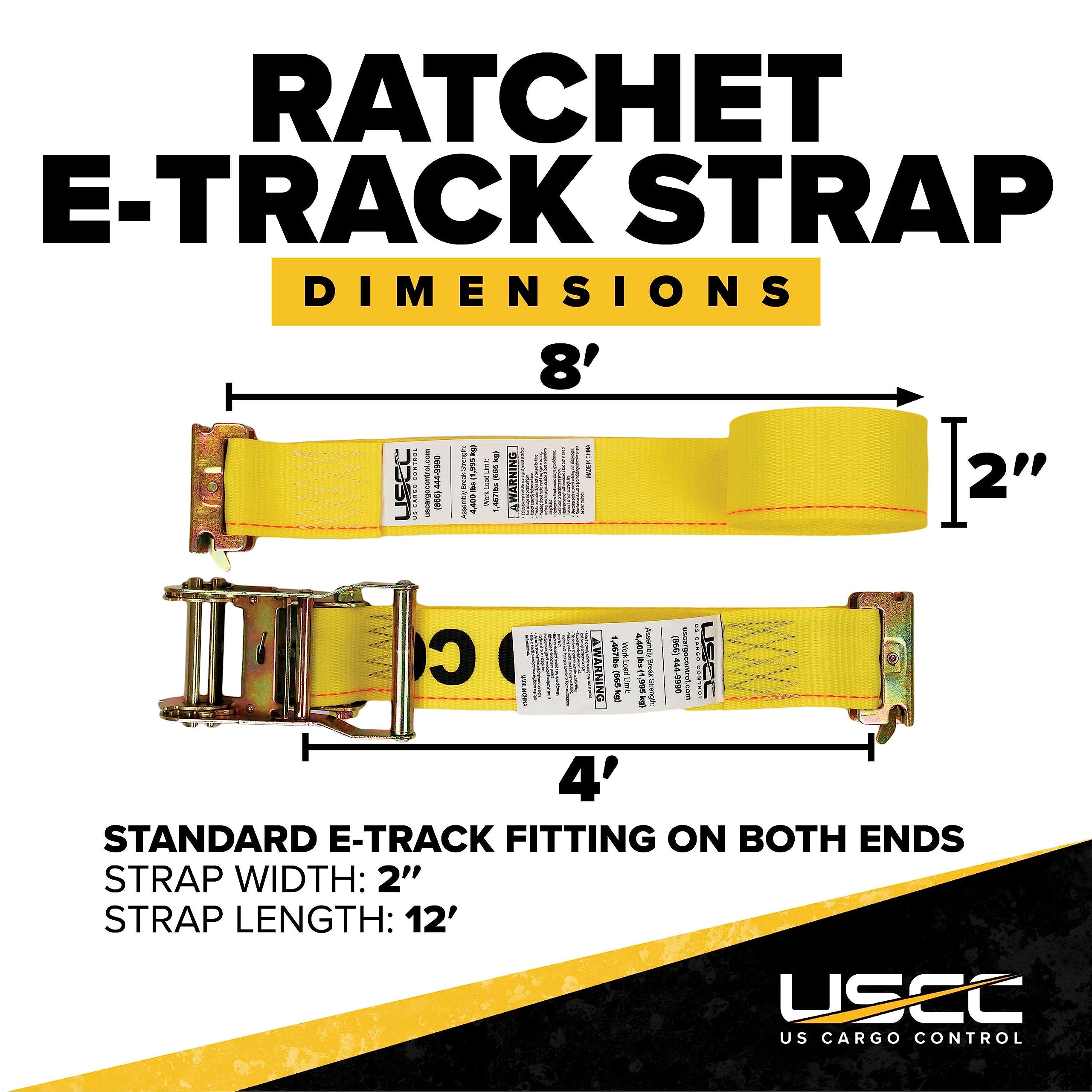 US Cargo Control E-Track Ratchet Straps (8-Pack), 2 Inch x 12 Foot Heavy Duty Yellow ETrack Straps with 4 Foot Fixed End and Spring E-Fittings, 1,467 LBS. Working Load Limit, Logistic Ratchet Straps