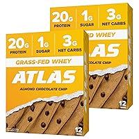 Atlas Protein Bar, 20g Protein, 1g Sugar, Clean Ingredients, Gluten Free (Almond Chocolate Chip, 12 Count (Pack of 2))