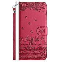 XYX Wallet Case for Samsung S23 FE, PU Leather Flip Protective Phone Case Card Slots Emboss Cat Flower Case with Wrist Strap for Galaxy S23 FE 5G, Red