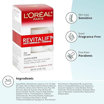 L'Oréal Paris Revitalift Anti-Wrinkle and Firming Eye Cream, Reduce Dark Circles, Pro Retinol, Fragrance Free 1.7 oz