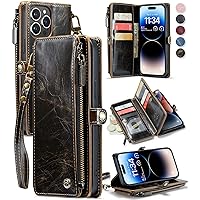 Defencase for iPhone 14 Pro Max Wallet Case, for iPhone 14 Pro Max Case Wallet for Men, Vintage Leather Magnetic Flip Strap Zipper Card Holder Phone Cases for iPhone 14 Pro Max [6.7