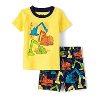 The Children's Place Baby Boy's and Toddler Sleeve Top and Shorts Snug Fit 100% Cotton 2 Piece Pajama Set, Thunder Blue Construction