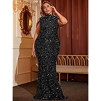 Dresses for Women 2023 Plus Beaded Detail Cold Shoulder Sequin Formal Dress (Color : Black, Size : XX-Large)