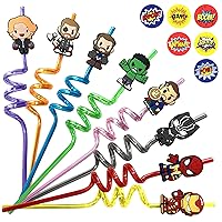 32Pcs Superhero Straws for Avenger Party Favor - 32Pcs Reusable Drinking Straws with 8 designs+36 Stickers+2 Brushes. Perfect For Superhero Party Supplies, Great for Avenger Themed Party