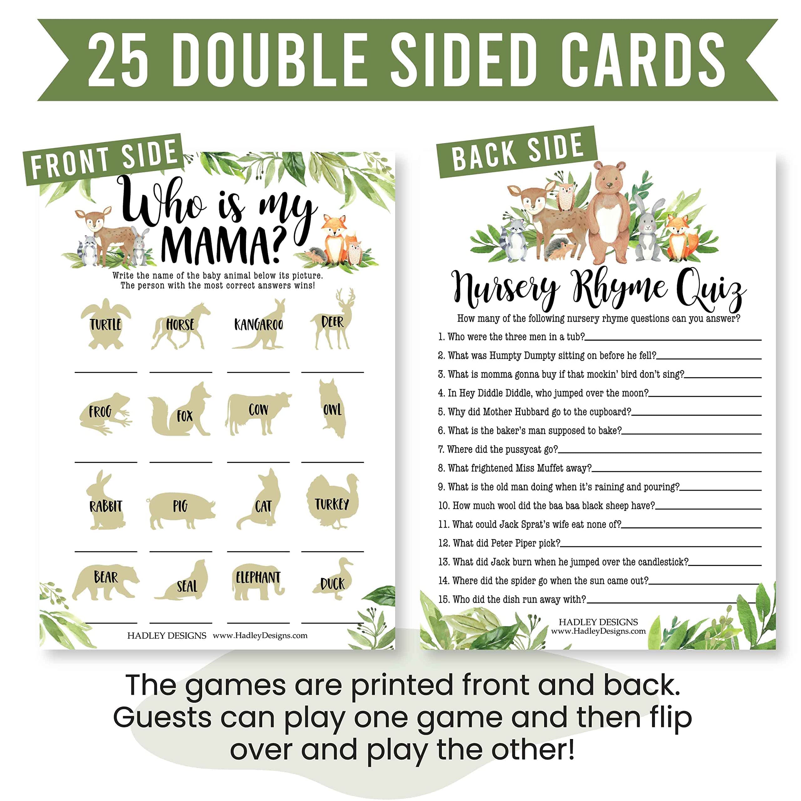 25 Woodland Animal Matching, 25 Nursery Rhyme Game, 25 Word Scramble For Baby Shower, 25 True Or False Game, 25 Who Knows Mommy Best, 25 Baby Prediction And Advice Cards - 6 Double Sided Cards