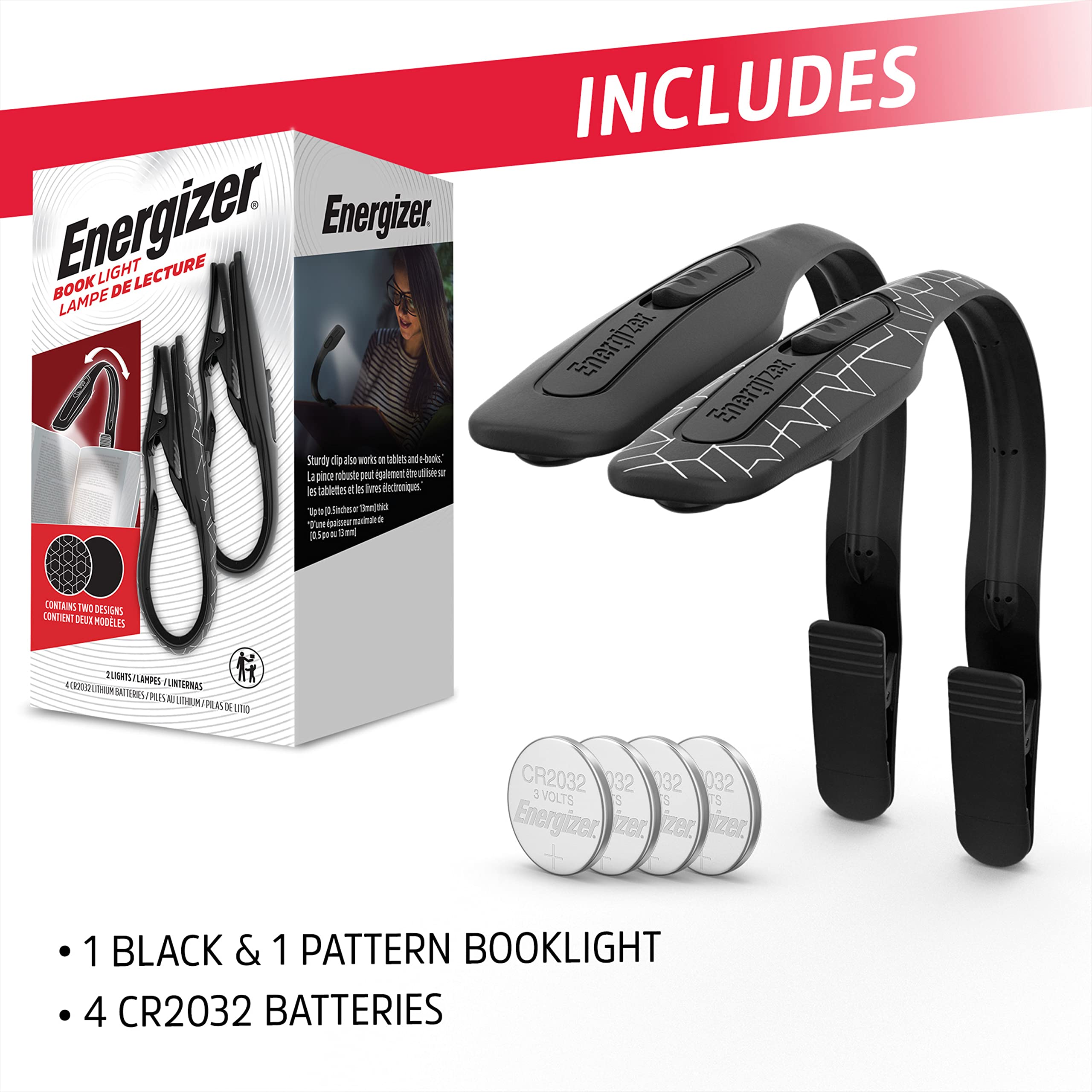 Energizer Clip-on Book Light for Reading in Bed (2-Pack), LED Reading Light for Books, Long-Lasting Run Time, Compact & Portable Kindle & Book Reading Lamp (Batteries Included)