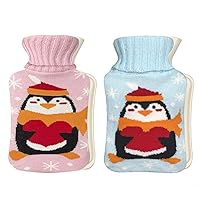 1L Hot Water Bottle with Cover Large Cute Rubber Hot Water Bag (Pack of 2) for Pain Relief, Cramps, Warm, Hot and Cold Therapy, Blue Penguin and Pink Penguin