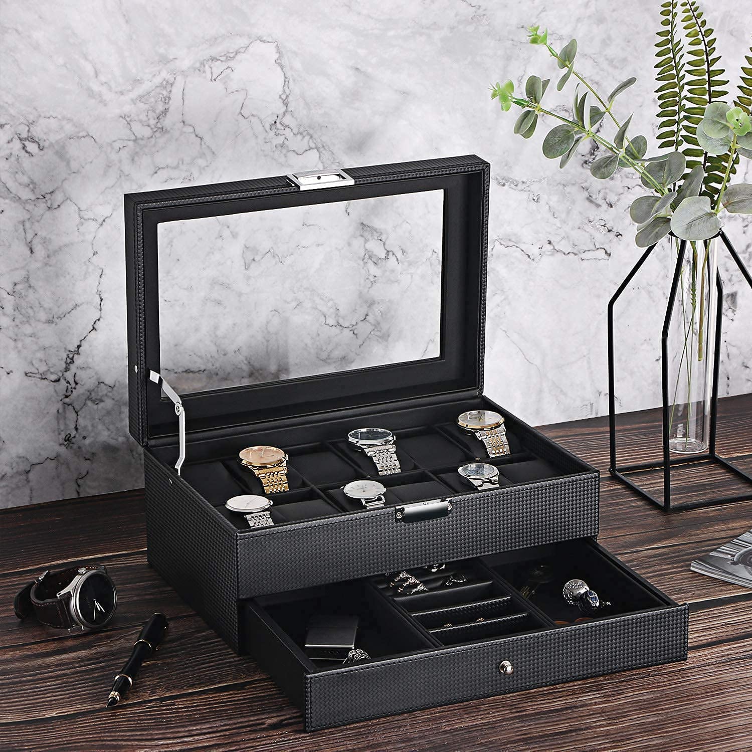 BEWISHOME Watch Box Organizer with Valet Drawer - Real Glass Top, Adjustable Tray, Metal Hinge, Carbon Fiber Design Bundle