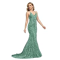 LIPOSA Women's Sparkle Sequin Prom Dress Sexy V Neck Backless Mermaid Maxi Formal Evening Party Gowns with Train