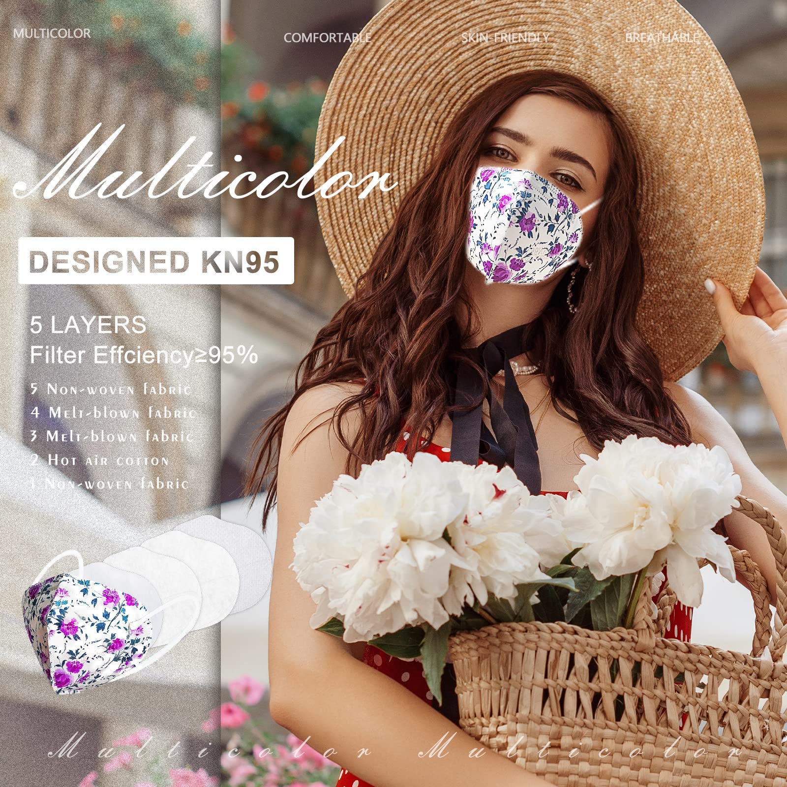 KN95 Face Masks, 60 Pack Individually Wrapped KN95 Masks, 5 layer Colorful Floral Face Mask with Design for Adults Women Men