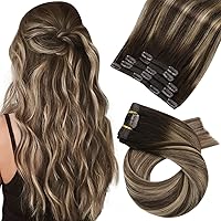 Moresoo Bundle Clip+Sew in Human Hair Extensions 14 Inch Balayage Hair Extensions Color #4 Brown Fading to #27 Blonde and #4 (70g+100g) Thick Hair Extensions