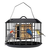 Squirrel Proof Suet Feeder, Cage Bird Feeders for Outdoors Hanging, All Metal, Double Suet Cake Capacity, Tray & Weatherproof, Black