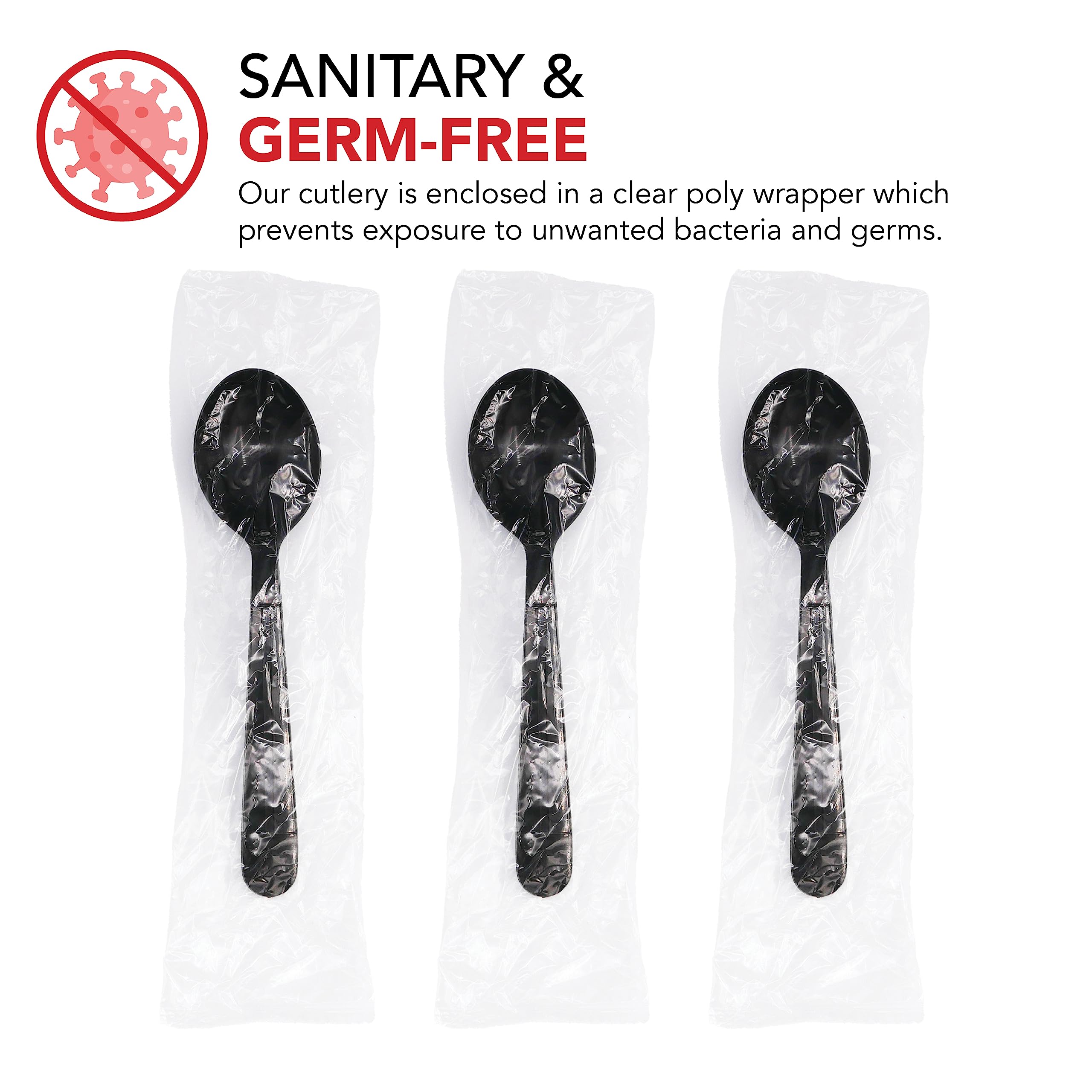 Party Essentials Individually Wrapped Black Plastic Utensil Sets/Heavy Duty Flatware Packs, Soup Spoon, 100 Sets