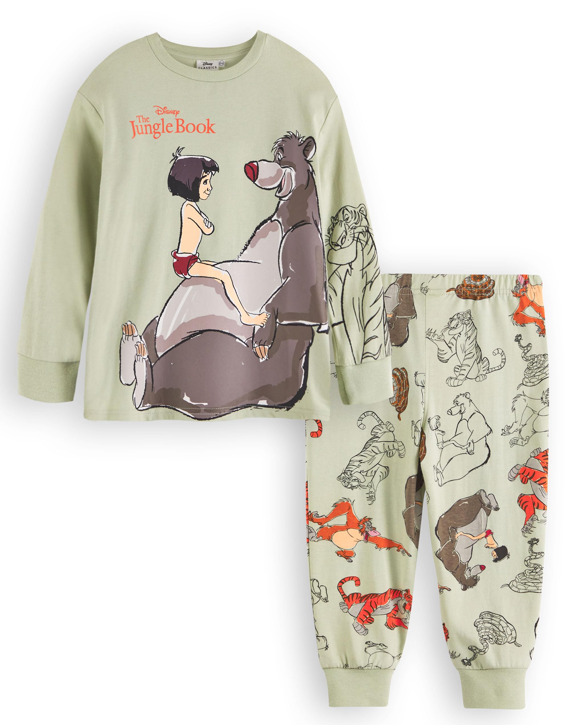 Disney The Jungle Book Boys Pyjama Set | Kids Long Sleeve Long Leg Graphic PJs in Green | Mowgli Baloo Shere Khan King Louie