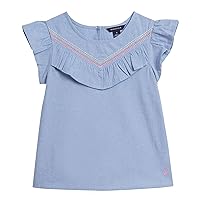 Girls' Short Sleeve Chambray Shirt, Cotton Top with Flutter Shoulders & Crochet Trim