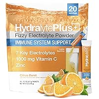 HydraLyte Electrolytes Plus Immunity, Citrus Low Sugar Rapid Rehydration Powder - Lightly Sparkling Electrolyte Powder Packets with 1,000mg Vitamin C and Zinc for an Immune Boost (8oz Serve, 20 Count)