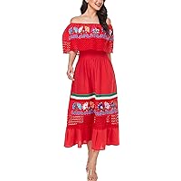 YZXDORWJ Women Embroidered Mexican Present Casual Sexy Lace Off-Shoulder Long Dress