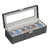Watch Box, Christmas Gifts, 6-Slot Watch Case with Large Glass Lid, Removable Watch Pillows, Organizer, Gift for Loved Ones, Black Synthetic Leather, Gray Lining WB02609G