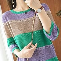 Hollow Out Thin Pullover Women's Sweater - Half-Sleeve Ice Silk Knitted Short-Sleeved T-Shirt Round Neck Loose Colo