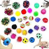 30pcs/Pack Cat Toys Balls Assortment Vairety Pack for Indoor Cats Interactive Ball with Bell Soft Pompom Crinkle Balls Furry Rainbow Footballs Play Activity Chase Training