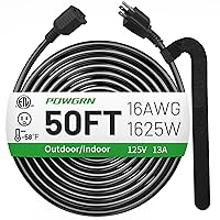 50 FT 16/3 Black Indoor Outdoor Extension Cord Waterproof, 3 Prong Flexblie SJTW Cold Weatherproof -50°C Appliance Extension Cord 13 AMP 1625W 16AWG Heavy Duty Electric Cord, ETL Listed