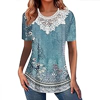Shirts for Women Short Sleeve Print Graphic Cute Tops for Women Round Neck Lace Tops for Women Summer Tops Crochet Tops