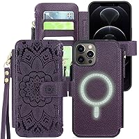Harryshell Compatible with iPhone 12 Pro Max Case Wallet Support MagSafe Wireless Charging with 3 Card Slots Holder Cash Coin Zipper Pocket Pu Leather Flip Closure Wrist Strap (Floral Deep Purple)