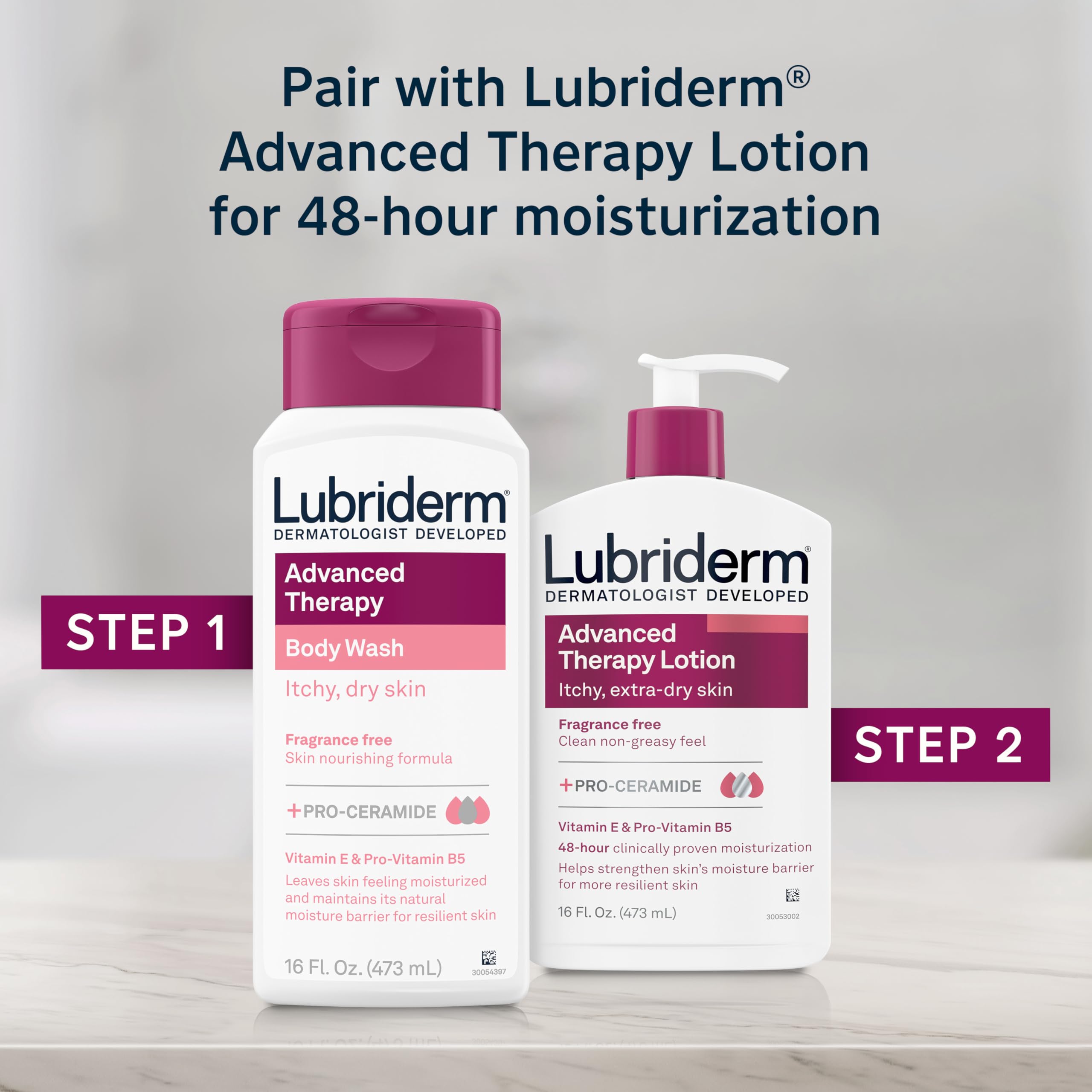Lubriderm Advanced Therapy Body Wash, Unscented Nourishing Cleanser with Pro-Ceramide, Vitamin E & Pro-Vitamin B5 Gently Cleanses Itchy, Dry Skin, Fragrance Free, Hypoallergenic, 16 fl. oz
