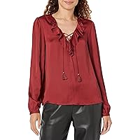 PAIGE Women's Ilara Blouse Long Sleeve Ruffle Detailing Tassel Trims in Burgundy