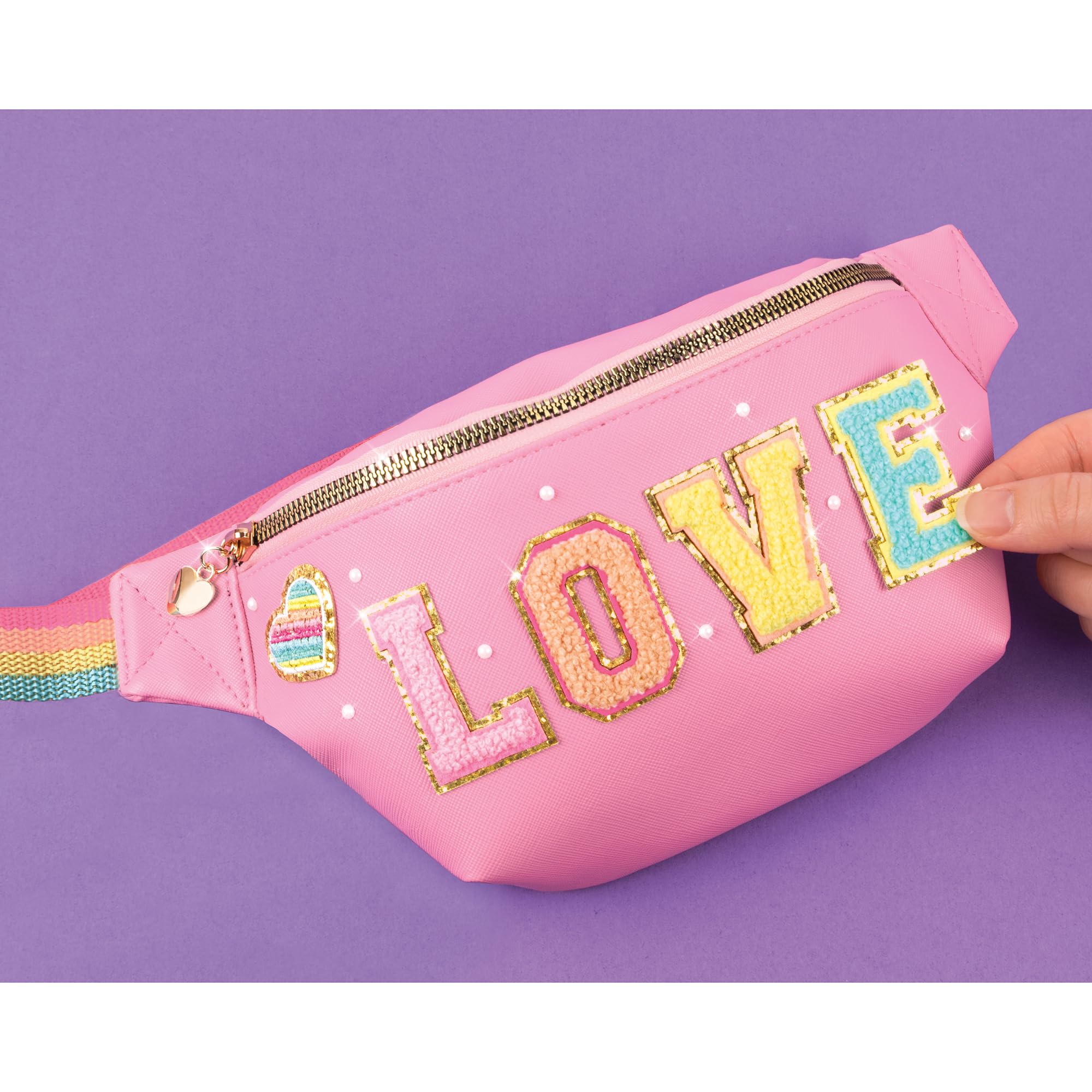 Make It Real: Fashion Bum Bag with Patches - 9 pcs, Pink Zipper Bag with Rainbow Band, DIY Customize, Love Patches, Tweens, Girls & Kids Ages 8+