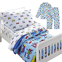 Wildkin Cotton 4 Pc Toddler Bed in a Bag Bundle with Pajama Set Size 4 (Trains, Planes, & Trucks)