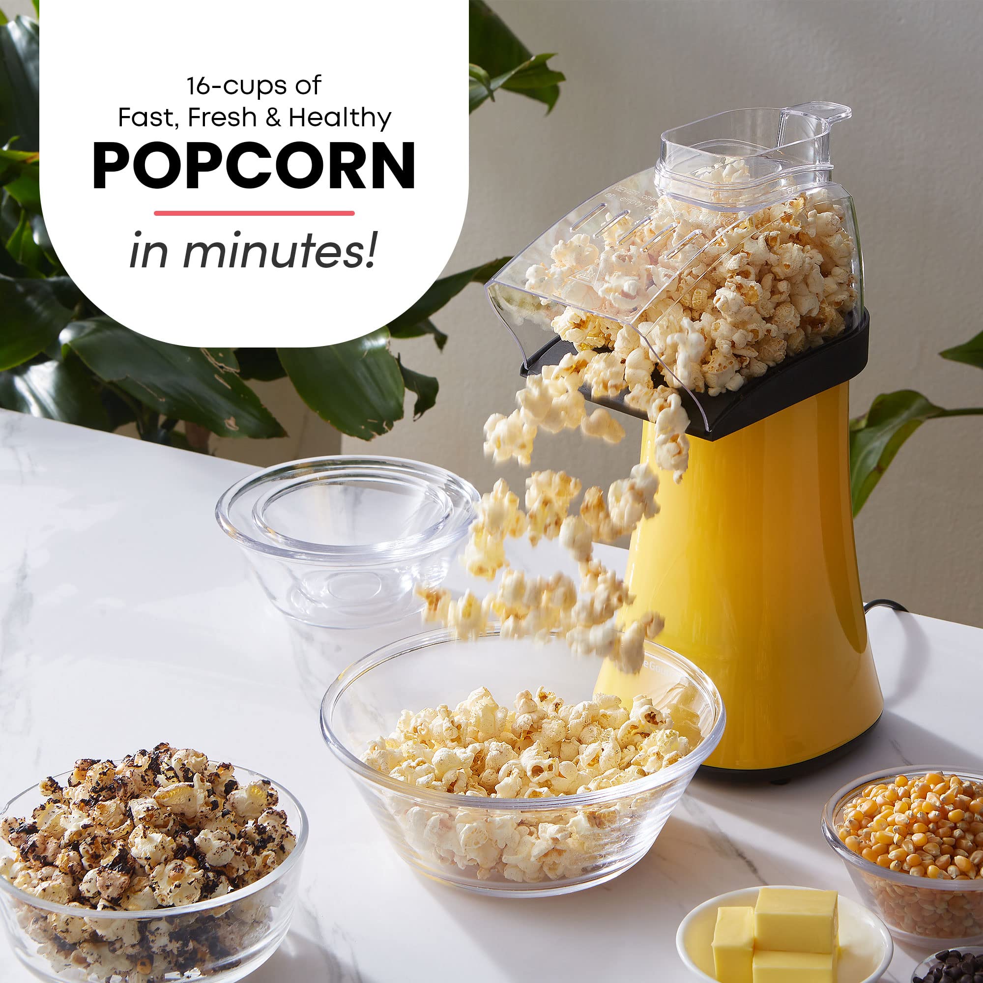 Elite Gourmet Fast Hot Air Popcorn Popper, 1300W Electric Popcorn Maker with Measuring Cup & Butter Melting Tray, Oil-Free, Great for Home Party Kids, Safety ETL Approved, 4-Quart, Yellow