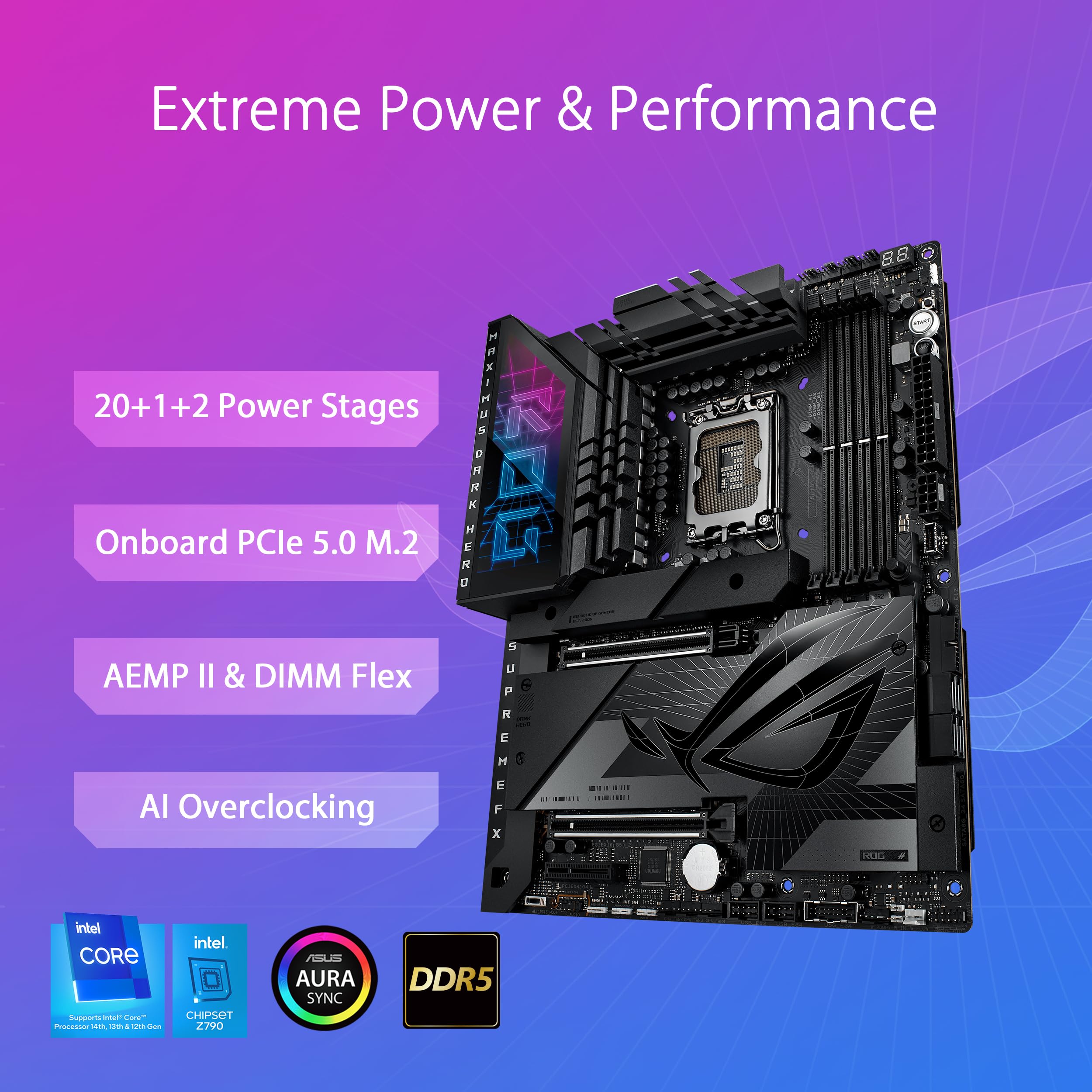ASUS ROG Maximus Z790 Dark Hero (WiFi 7) LGA 1700(Intel 14th &13th&12th Gen) ATX Gaming Motherboard(PCIe 5.0x16, 5xM.2 Slots,DDR5,2X Thunderbolt 4 Ports, USB Type-C Front-Panel)